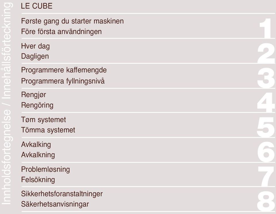 fyllningsnivå Rengjør Rengöring Tøm systemet Tömma systemet Avkalking Avkalkning