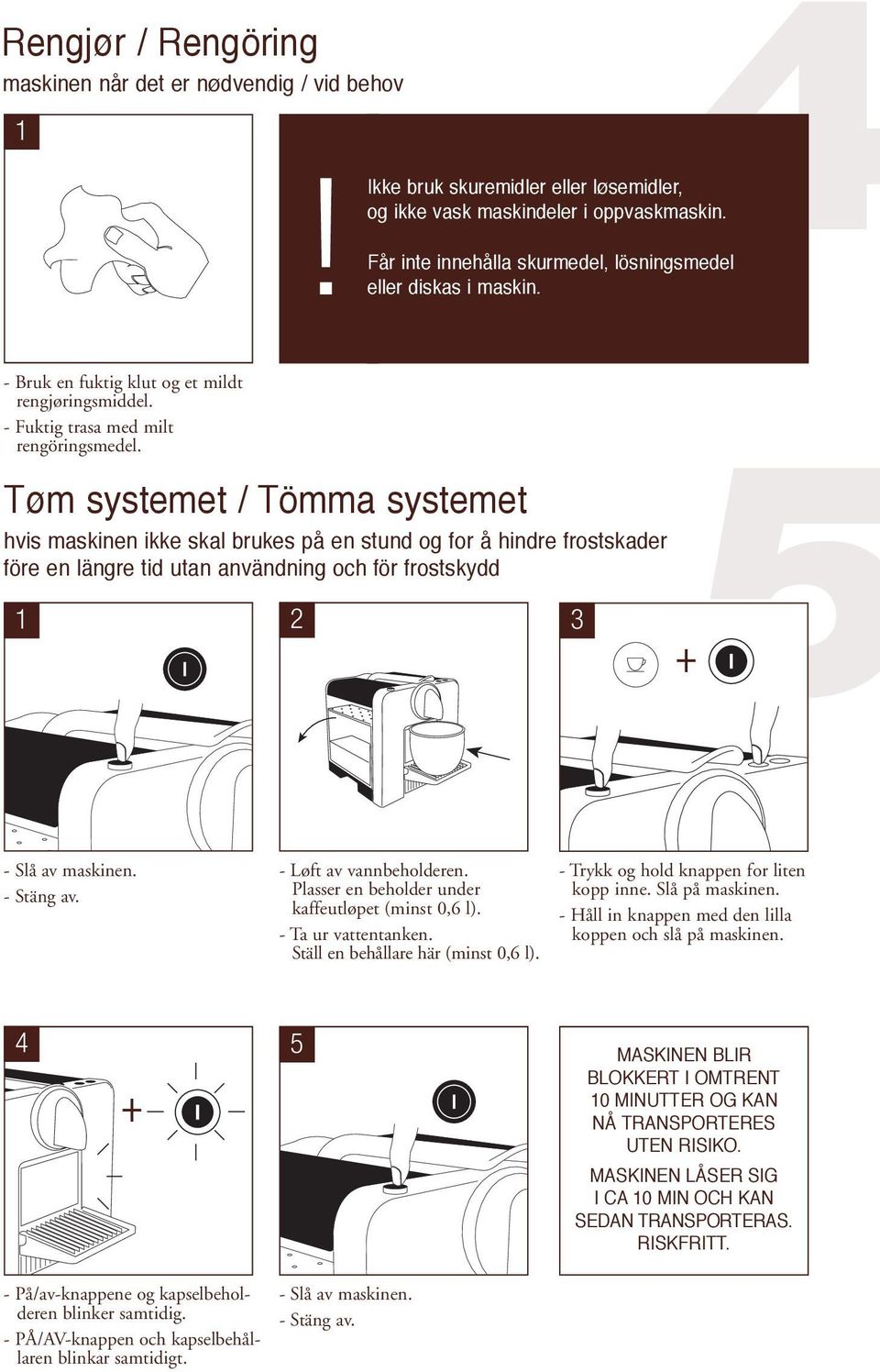 Tøm systemet / Tömma systemet hvis maskinen ikke skal brukes på en stund og for å hindre frostskader före en längre tid utan användning och för frostskydd 1 2 3 5 + - Slå av maskinen. - Stäng av.