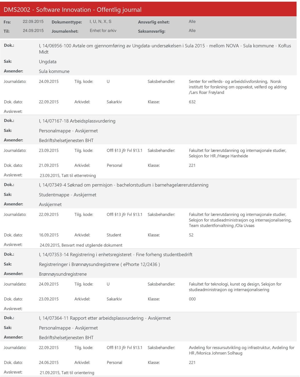 09.2015 Personal 23.09.2015, Tatt til etterretning I, 14/07349-4 Søknad om permisjon - bachelorstudium i barnehagelærerutdanning Studentmappe - Journaldato: Tilg.