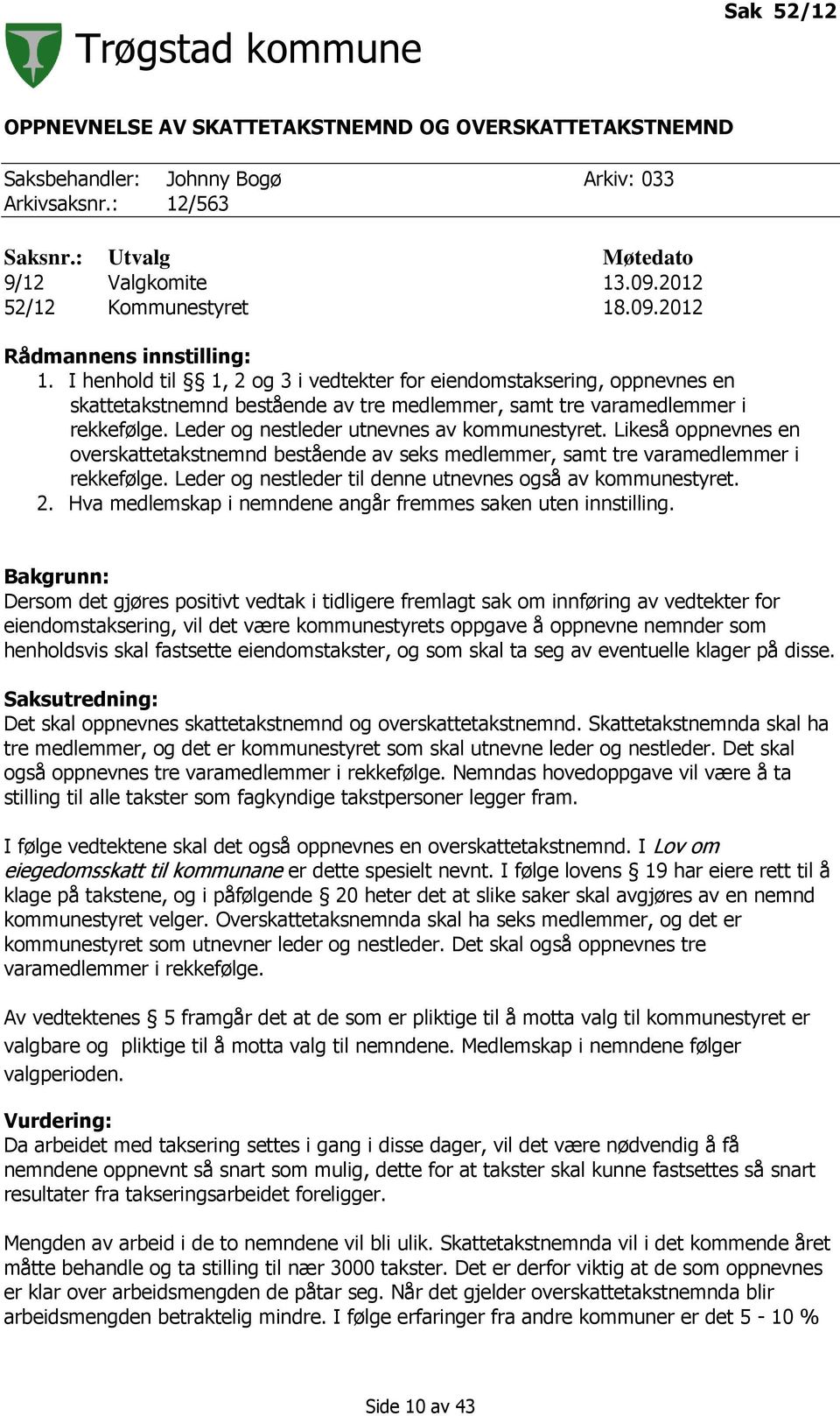 Leder og nestleder utnevnes av kommunestyret. Likeså oppnevnes en overskattetakstnemnd bestående av seks medlemmer, samt tre varamedlemmer i rekkefølge.