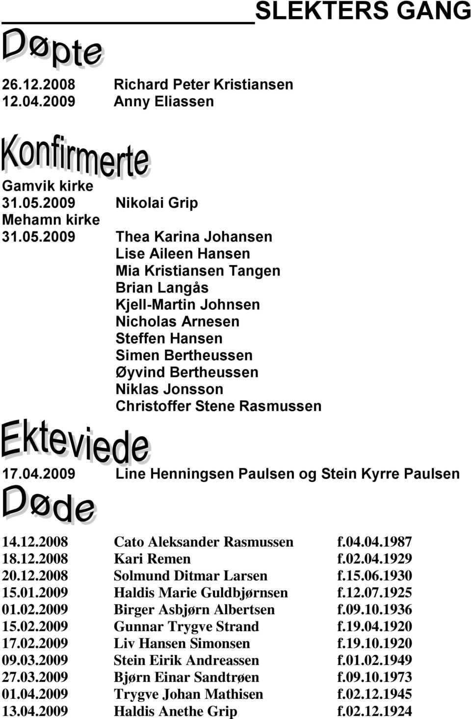 2009 Thea Karina Johansen Lise Aileen Hansen Mia Kristiansen Tangen Brian Langås Kjell-Martin Johnsen Nicholas Arnesen Steffen Hansen Simen Bertheussen Øyvind Bertheussen Niklas Jonsson Christoffer