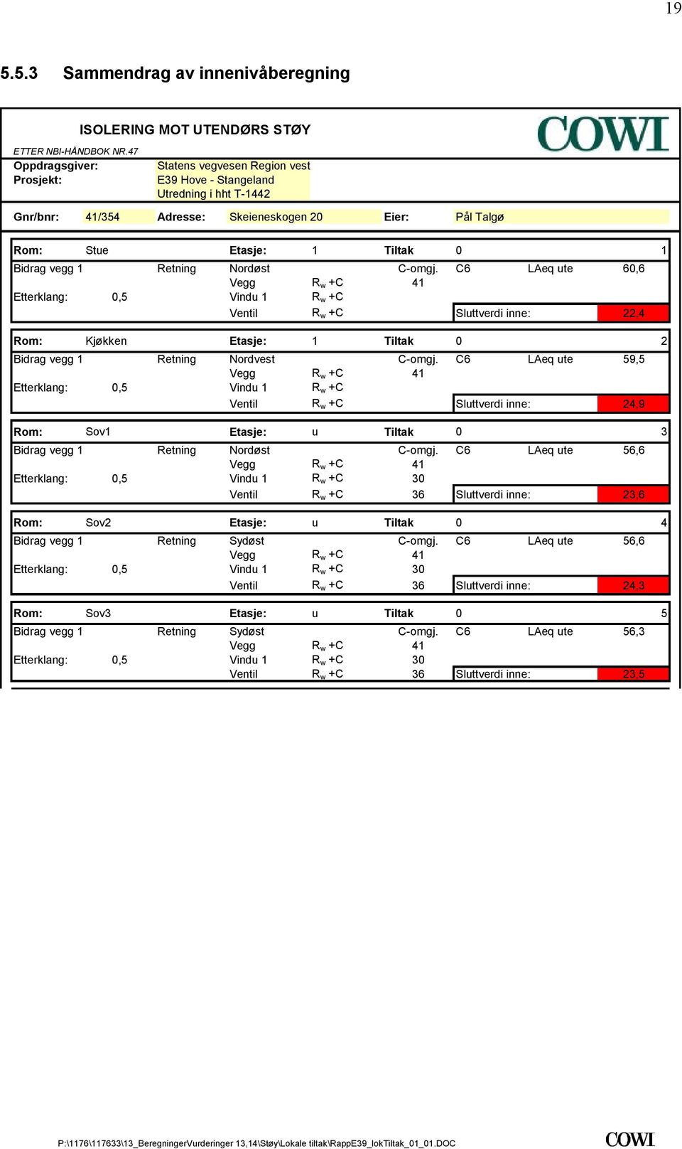 Sluttverdi inne: 22,4 Rom: Kjøkken Etasje: 1 Tiltak 0 2 Bidrag vegg 1 Retning Nordvest C-omgj C6 LAeq ute 59,5 Vegg R w +C 41 Etterklang: 0,5 Vindu 1 R w +C Ventil R w +C Sluttverdi inne: 24,9 Rom: