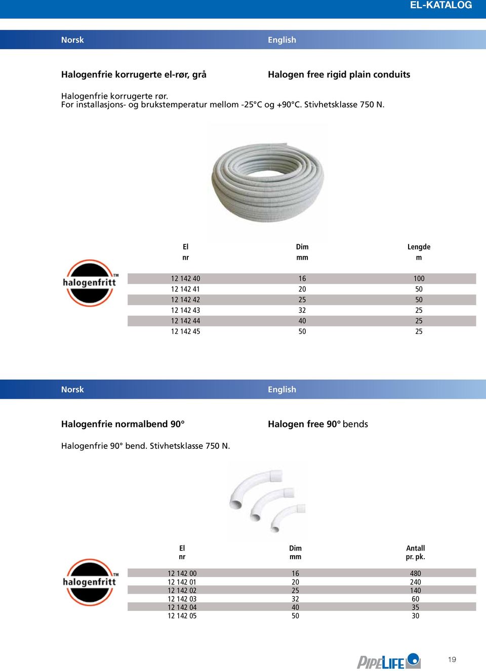 El Dim Lengde nr mm m 12 142 40 16 100 12 142 41 20 50 12 142 42 25 50 12 142 43 32 25 12 142 44 40 25 12 142 45 50 25 Halogenfrie