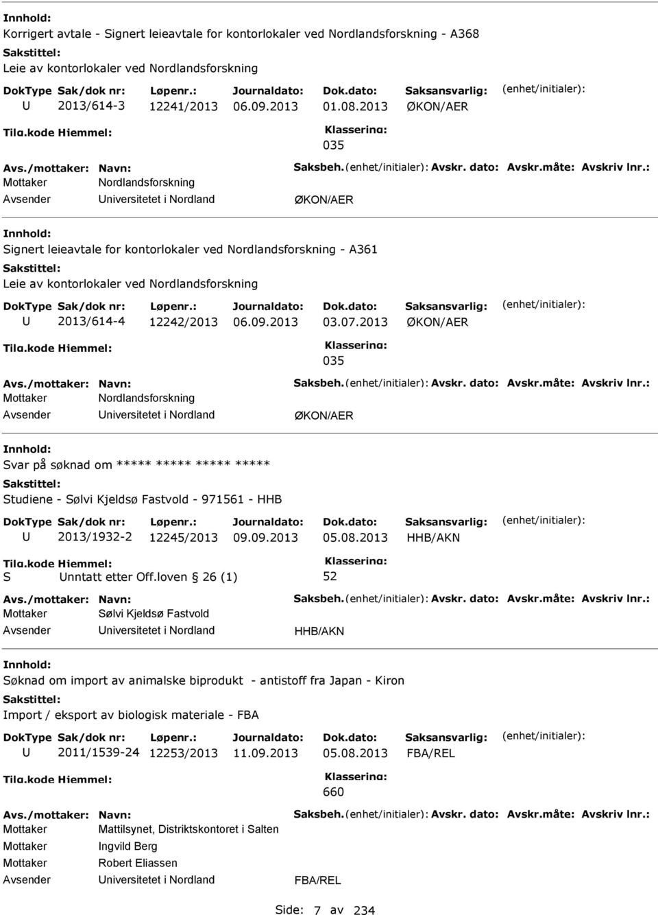 : Mottaker Nordlandsforskning niversitetet i Nordland ØKON/AER ignert leieavtale for kontorlokaler ved Nordlandsforskning - A361 Leie av kontorlokaler ved Nordlandsforskning 2013/614-4 12242/2013 06.