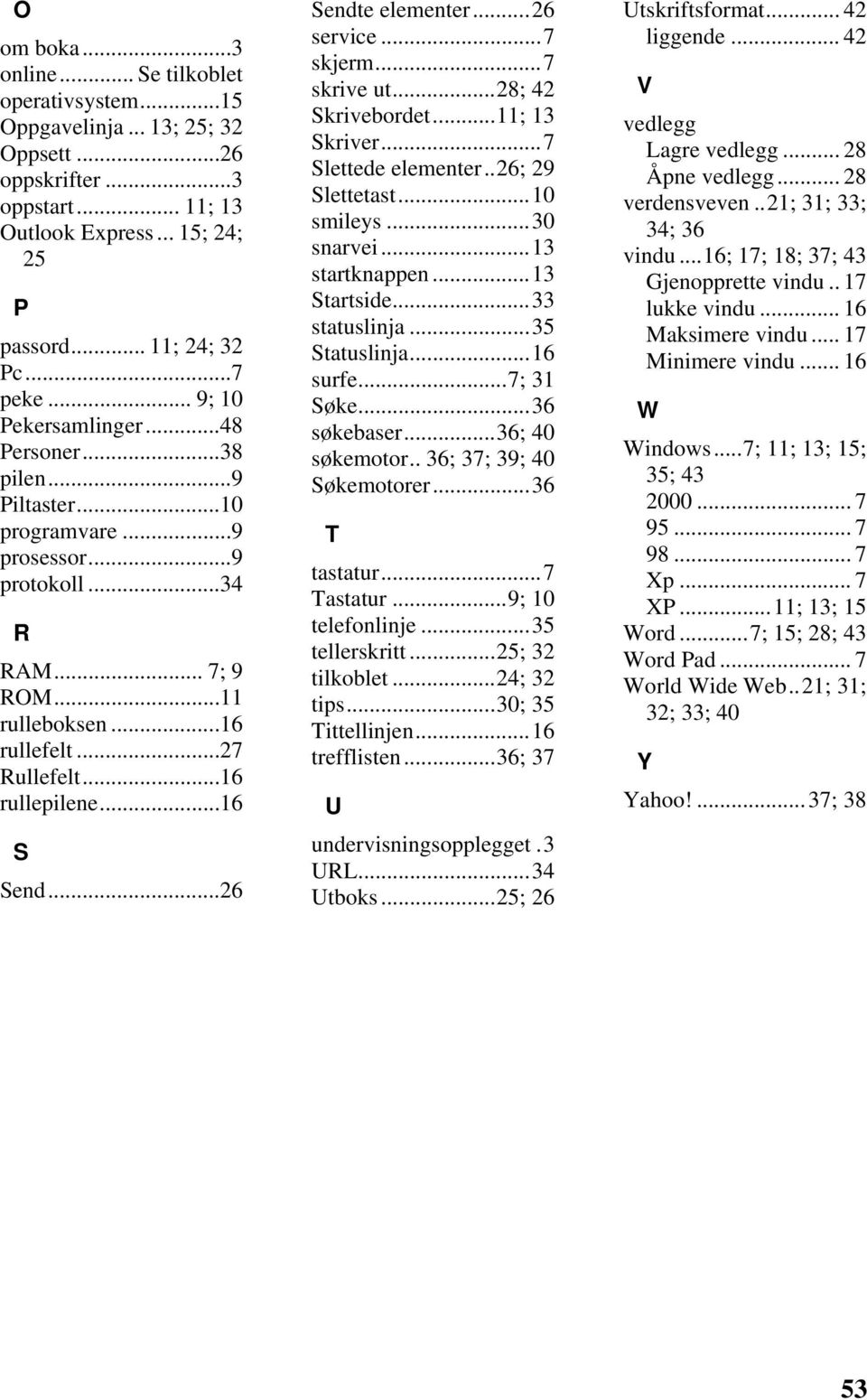 ..16 S Send...26 Sendte elementer...26 service...7 skjerm...7 skrive ut...28; 42 Skrivebordet...11; 13 Skriver...7 Slettede elementer..26; 29 Slettetast...10 smileys...30 snarvei...13 startknappen.