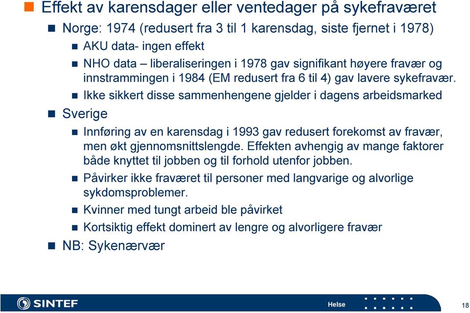 Ikke sikkert disse sammenhengene gjelder i dagens arbeidsmarked Sverige Innføring av en karensdag i 1993 gav redusert forekomst av fravær, men økt gjennomsnittslengde.