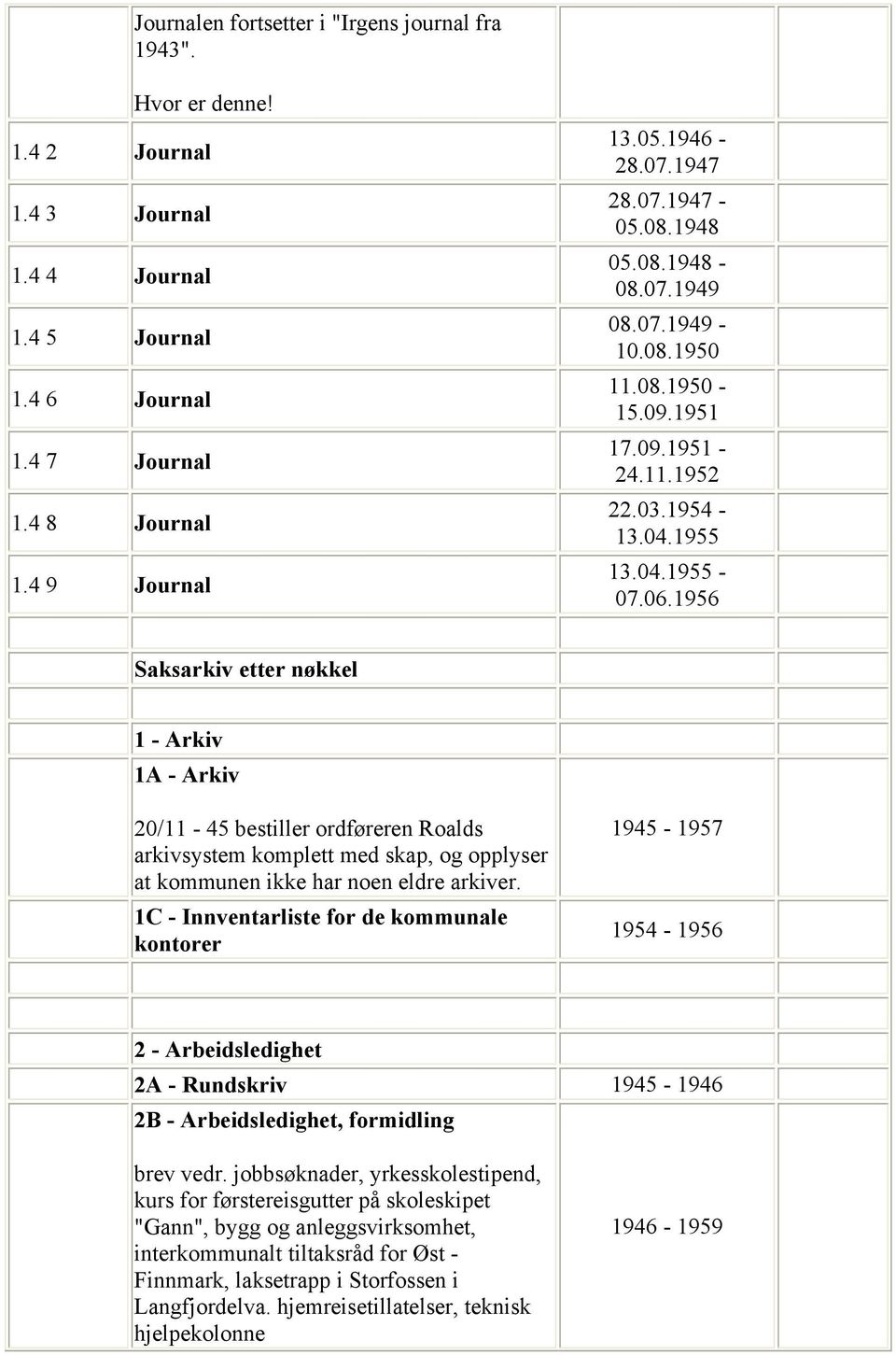 1956 Saksarkiv etter nøkkel 1 - Arkiv 1A - Arkiv 20/11-45 bestiller ordføreren Roalds arkivsystem komplett med skap, og opplyser at kommunen ikke har noen eldre arkiver.