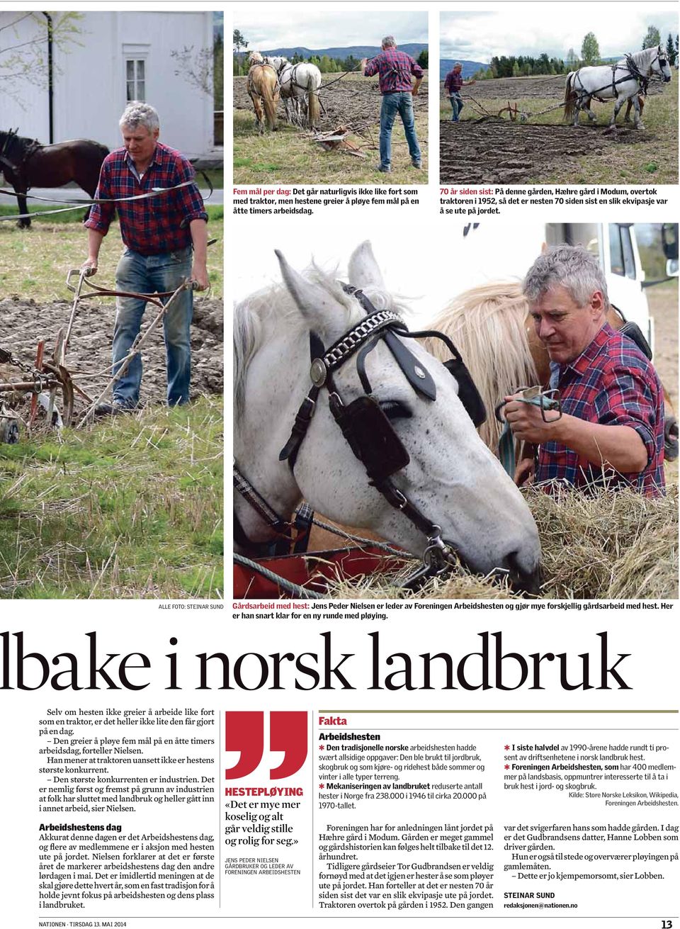 ALLE FOTO: STEINAR SUND Gårdsarbeid med hest: Jens Peder Nielsen er leder av Foreningen Arbeidshesten og gjør mye forskjellig gårdsarbeid med hest. Her er han snart klar for en ny runde med pløying.