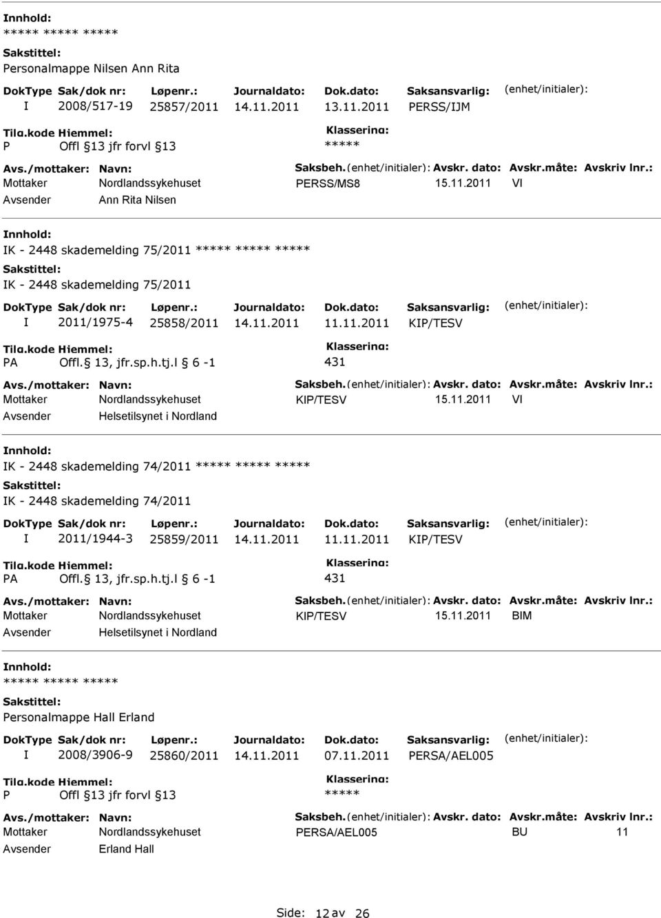 2011 V Helsetilsynet i Nordland K - 2448 skademelding 74/2011 K - 2448 skademelding 74/2011 2011/1944-3 25859/2011 K/TESV A 431 Avs.