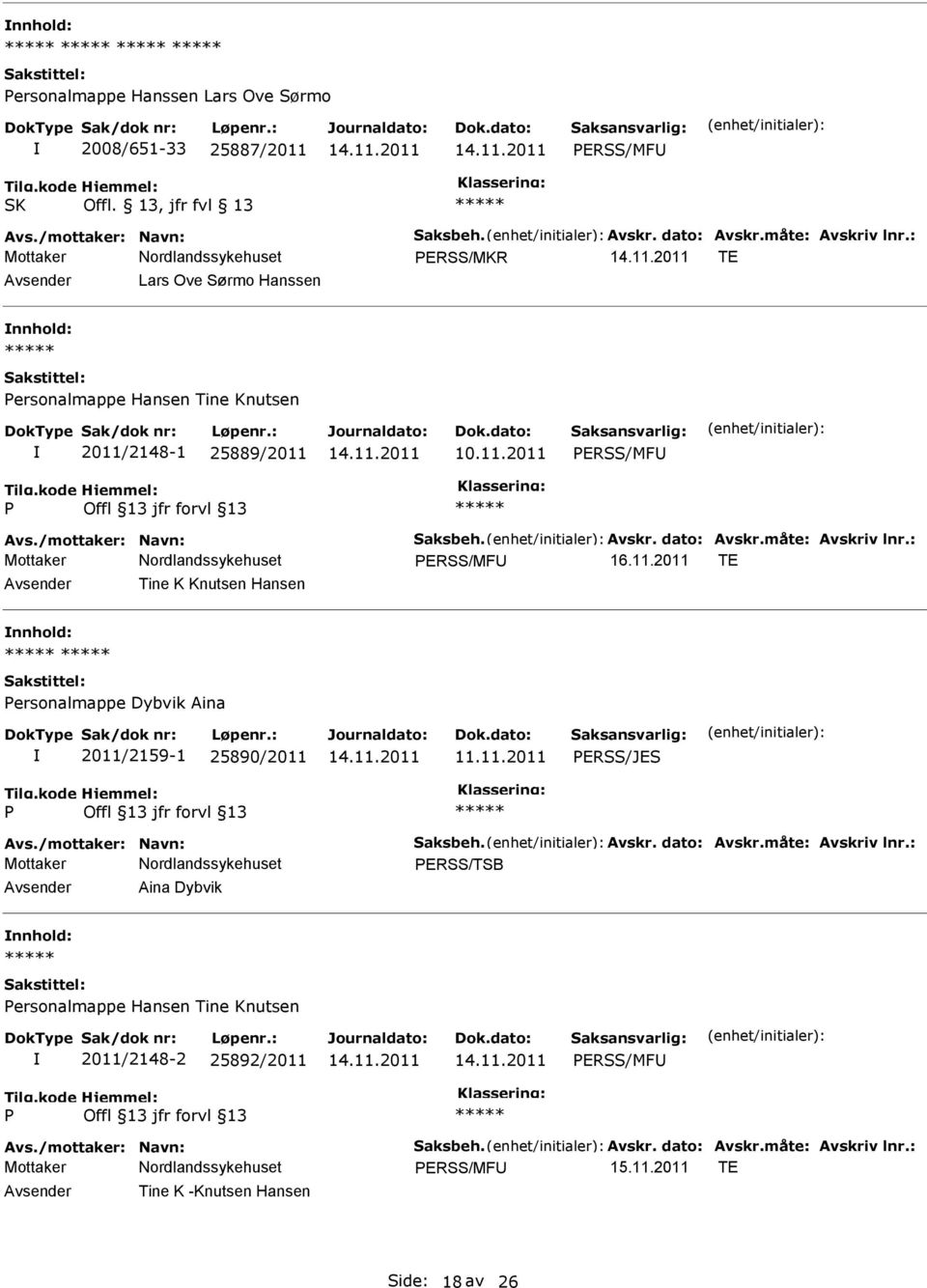 : ERSS/MF 16.11.2011 TE Tine K Knutsen Hansen ersonalmappe Dybvik Aina 2011/2159-1 25890/2011 ERSS/JES Avs./mottaker: Navn: Saksbeh. Avskr. dato: Avskr.måte: Avskriv lnr.