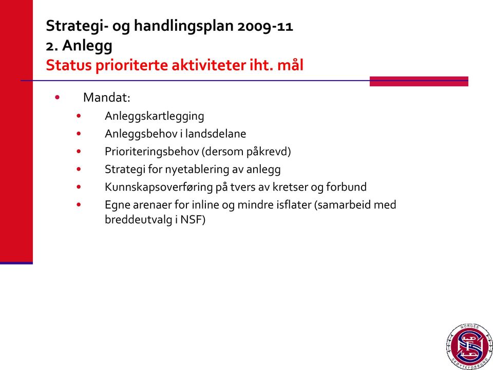 Prioriteringsbehov (dersom påkrevd) Strategi for nyetablering av anlegg