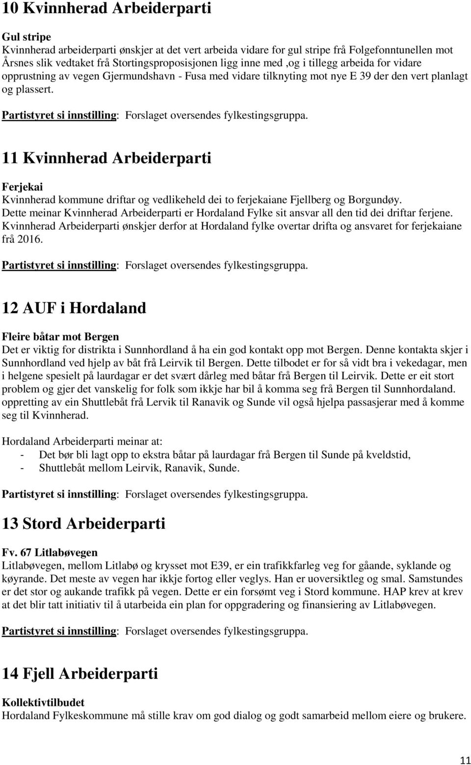 Partistyret si innstilling: Forslaget oversendes fylkestingsgruppa. 11 Kvinnherad Arbeiderparti Ferjekai Kvinnherad kommune driftar og vedlikeheld dei to ferjekaiane Fjellberg og Borgundøy.