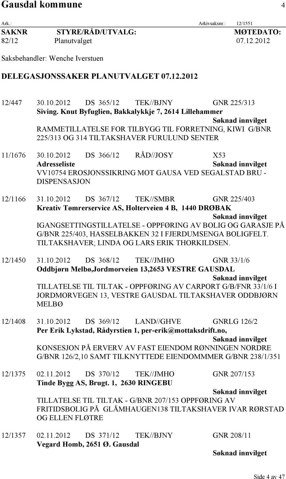 Knut Byfuglien, Bakkalykkje 7, 2614 Lillehammer Søknad innvilget RAMMETILLATELSE FOR TILBYGG TIL FORRETNING, KIWI G/BNR 225/313 OG 314 TILTAKSHAVER FURULUND SENTER 11/1676 30.10.