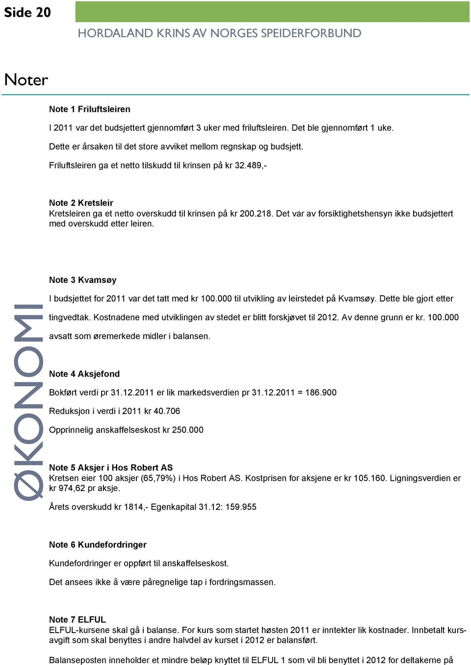 489,- Note 2 Kretsleir Kretsleiren ga et netto overskudd til krinsen på kr 200.218. Det var av forsiktighetshensyn ikke budsjettert med overskudd etter leiren.