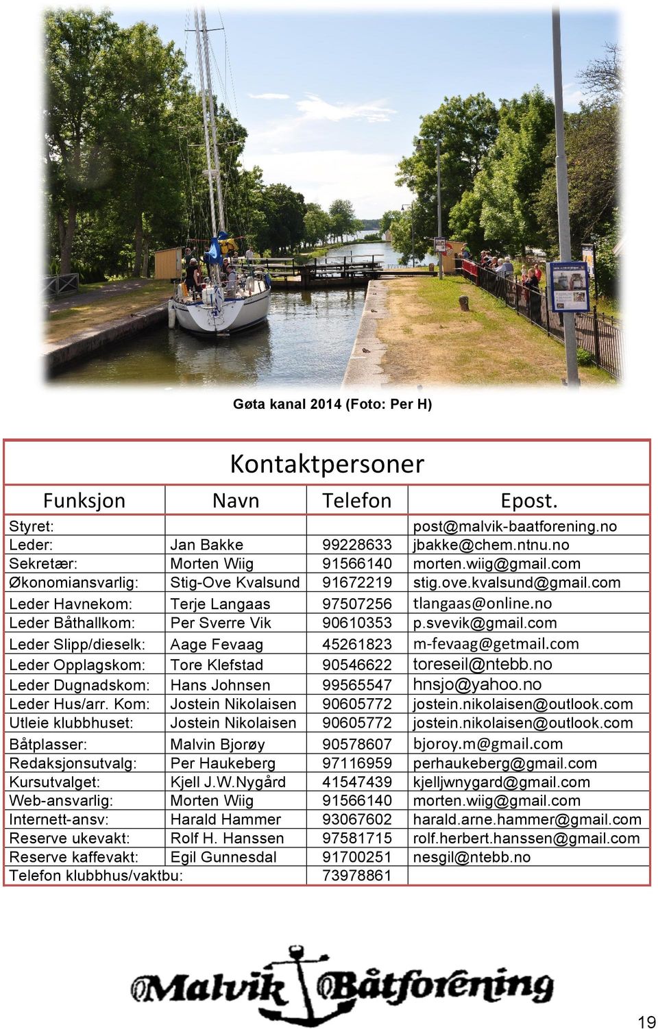 Kom: Jostein Nikolaisen Utleie klubbhuset: Jostein Nikolaisen Båtplasser: Malvin Bjorøy Redaksjonsutvalg: Per Haukeberg Kursutvalget: Kjell J.W.