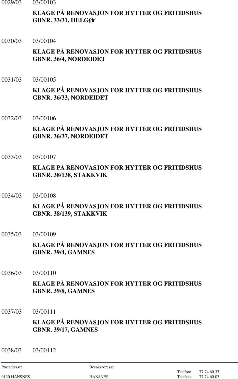 36/37, NORDEIDET 0033/03 03/00107 GBNR. 38/138, STAKKVIK 0034/03 03/00108 GBNR.