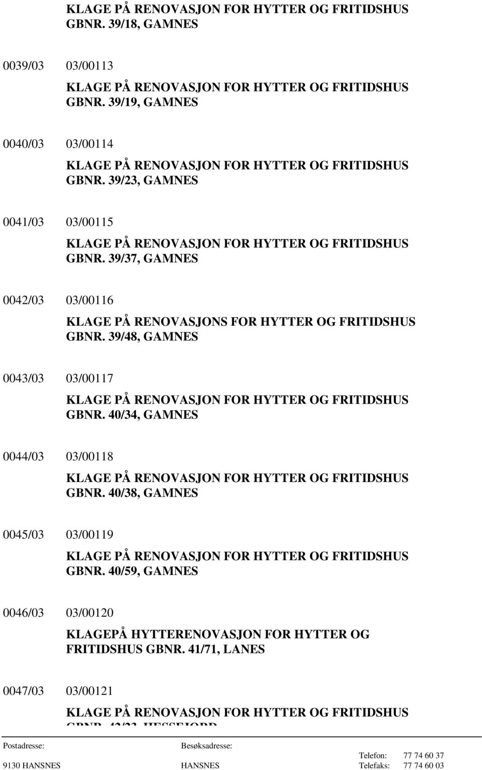 39/37, GAMNES 0042/03 03/00116 KLAGE PÅ RENOVASJONS FOR HYTTER OG FRITIDSHUS GBNR.