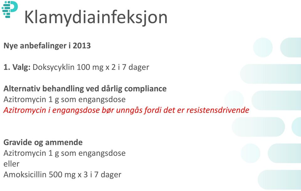 compliance Azitromycin 1 g som engangsdose Azitromycin i engangsdose bør unngås