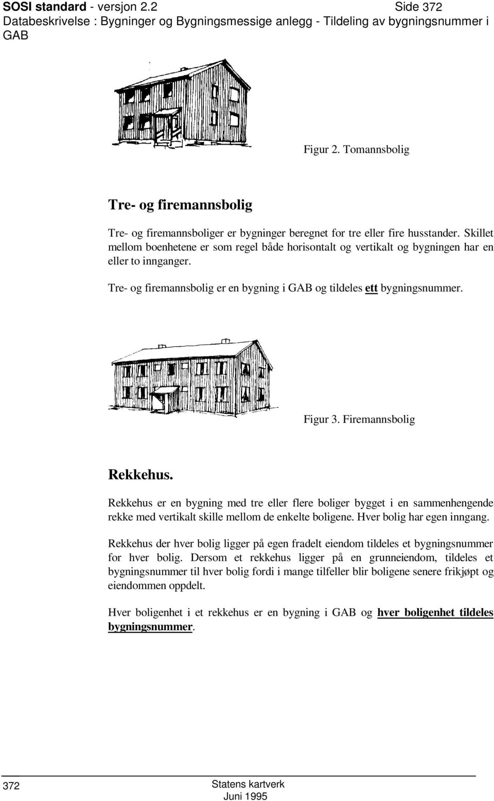 Skillet mellom boenhetene er som regel både horisontalt og vertikalt og bygningen har en eller to innganger. Tre- og firemannsbolig er en bygning i GAB og tildeles ett bygningsnummer. Figur 3.