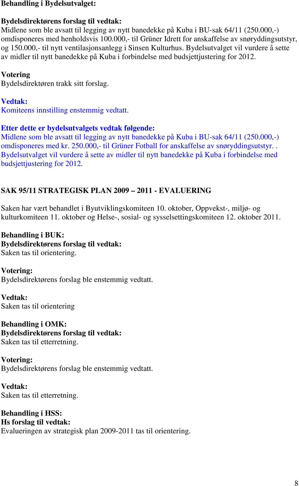 Bydelsutvalget vil vurdere å sette av midler til nytt banedekke på Kuba i forbindelse med budsjettjustering for 2012. Votering Bydelsdirektøren trakk sitt forslag.