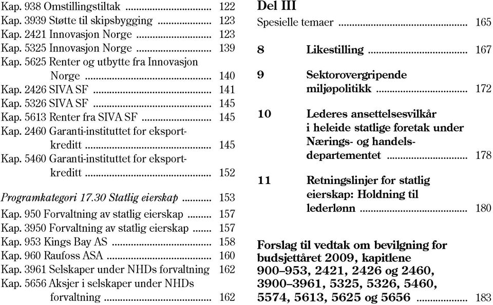 .. 152 Programkategori 17.30 Statlig eierskap... 153 Kap. 950 Forvaltning av statlig eierskap... 157 Kap. 3950 Forvaltning av statlig eierskap... 157 Kap. 953 Kings Bay AS... 158 Kap. 960 Raufoss ASA.