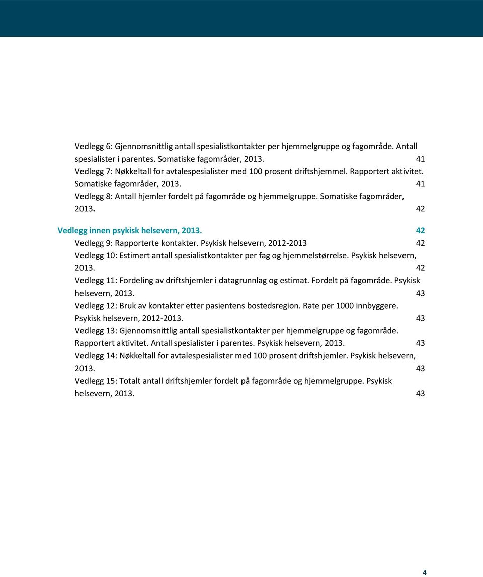 Somatiske fagområder, 2013. 42 Vedlegg innen psykisk helsevern, 2013. 42 Vedlegg 9: Rapporterte kontakter.