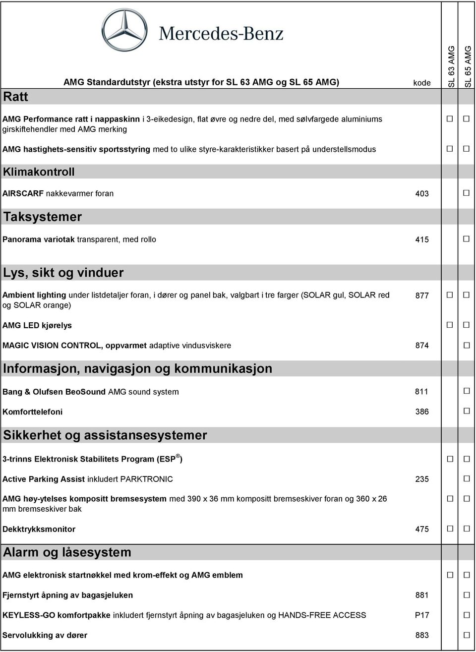 Lys, sikt og vinduer Ambient lighting under listdetaljer foran, i dører og panel bak, valgbart i tre farger (SOLAR gul, SOLAR red og SOLAR orange) 877 AMG LED kjørelys MAGIC VISION CONTROL, oppvarmet