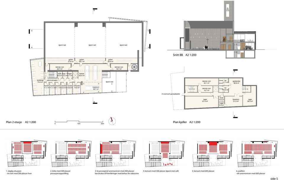 m² Plan 2 etasje 1. daglig situasjon - tre rom med 2 plasser hver N 2. kirke med 4 plasser prosesjonsoppstilling 1m 2m 3.