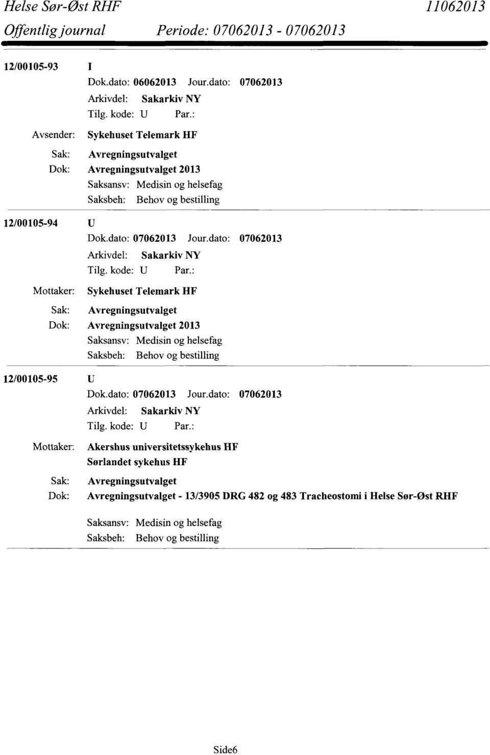 12/00105-94 Mottaker: Sykehuset Telemark HF Avregningsutvalget Avregningsutvalget 2013 Saksbeh: Behov og bestilling