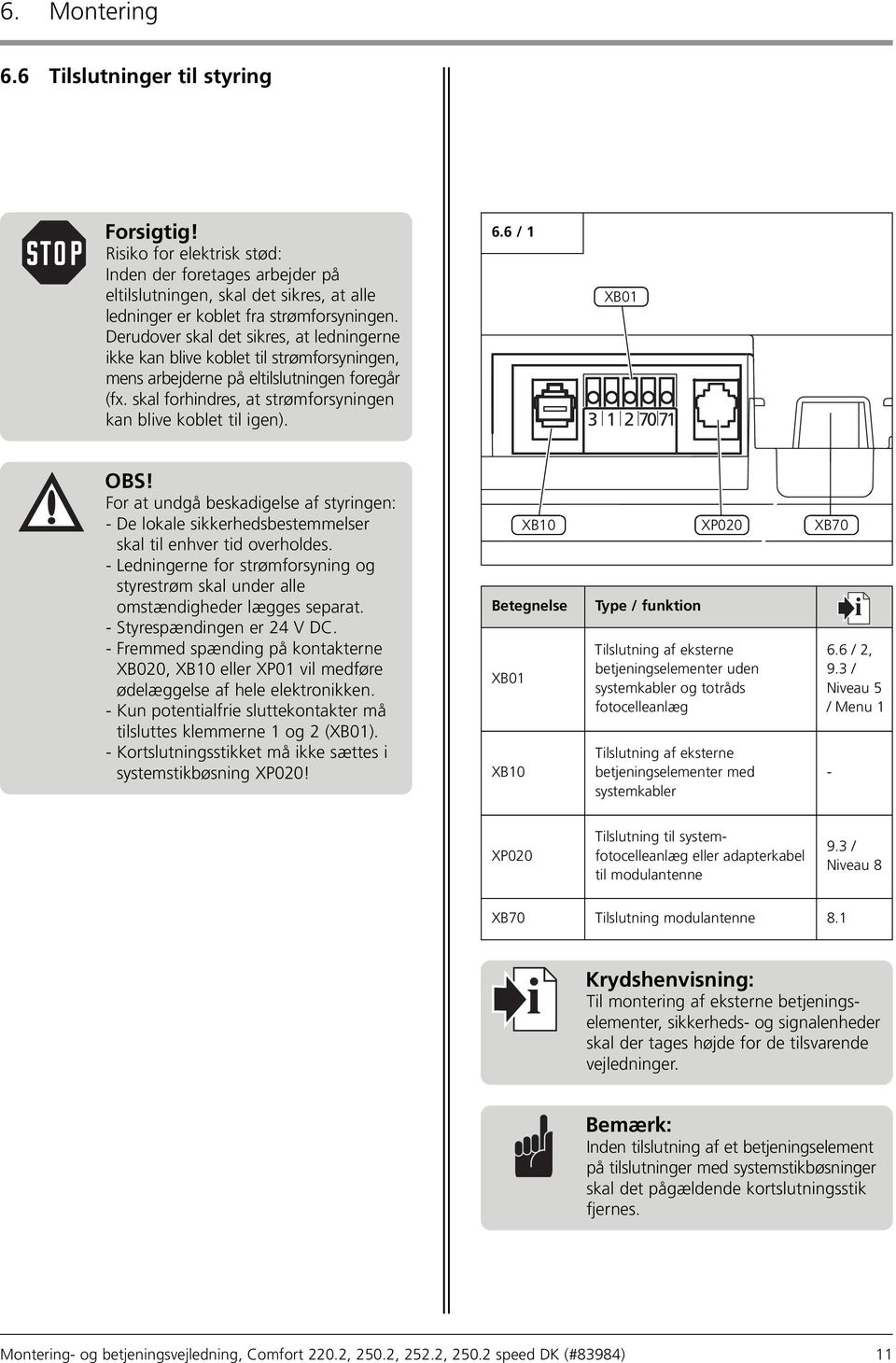 6 / 1 XB01 3127071 OBS! For at undgå beskadigelse af styringen: De lokale sikkerhedsbestemmelser skal til enhver tid overholdes.