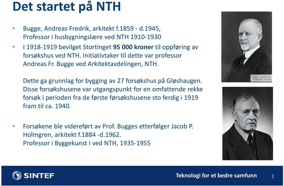 Initiativtaker til dette var professor Andreas Fr. Bugge ved Arkitektavdelingen, NTH. Dette ga grunnlag for bygging av 27 forsøkshus på Gløshaugen.