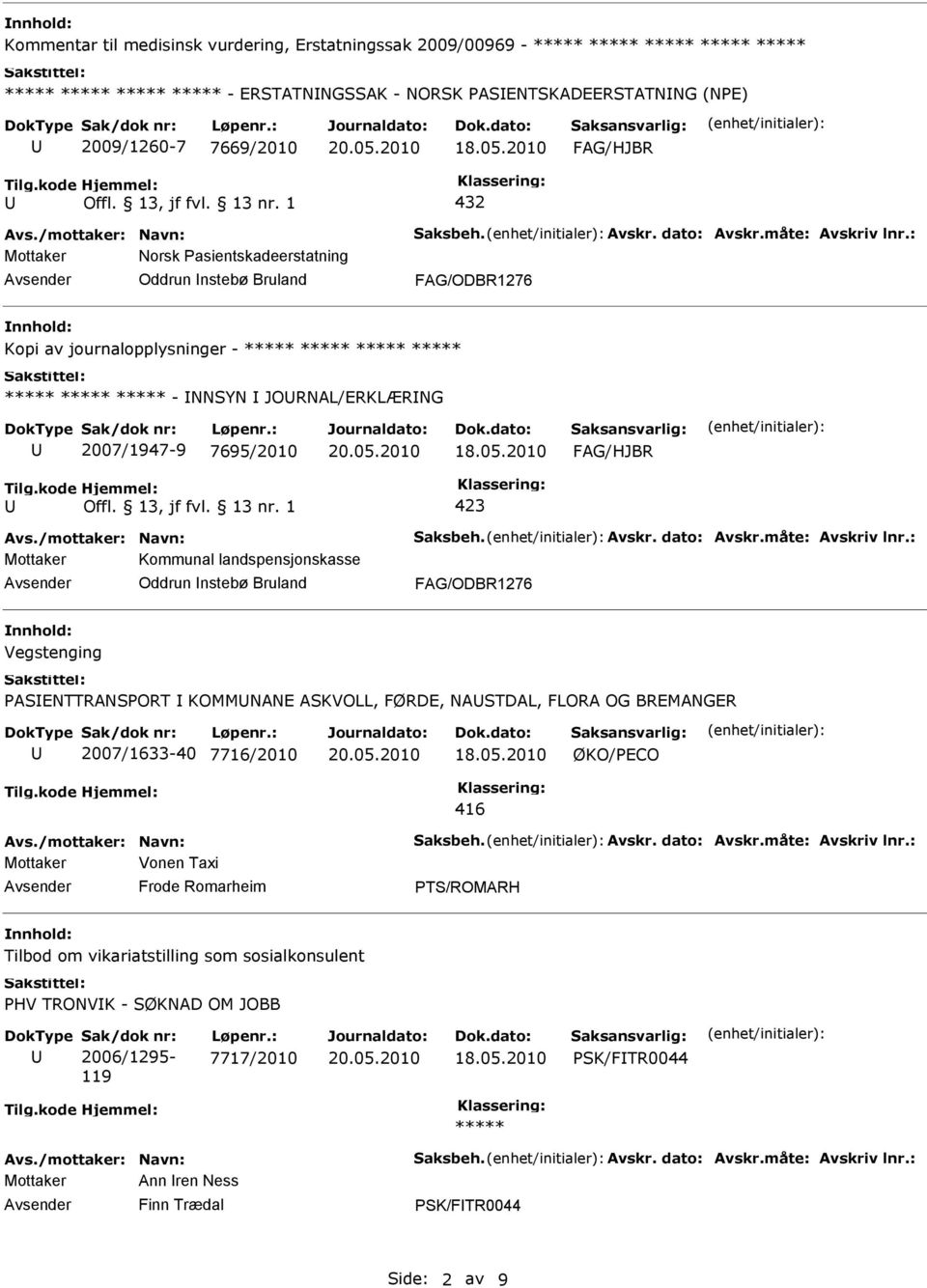 nstebø Bruland Vegstenging ASENTTRANSORT KOMMNANE ASKVOLL, FØRDE, NASTDAL, FLORA OG BREMANGER 2007/1633-40 7716/2010 ØKO/ECO 416 Mottaker Vonen Taxi Frode Romarheim