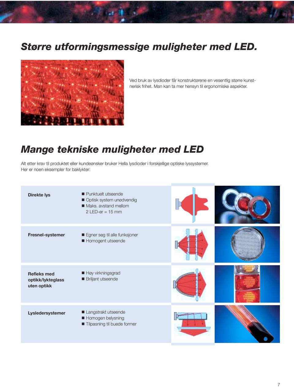 Mange tekniske muligheter med LED Alt etter krav til produktet eller kundeønsker bruker Hella lysdioder i forskjellige optiske lyssystemer.