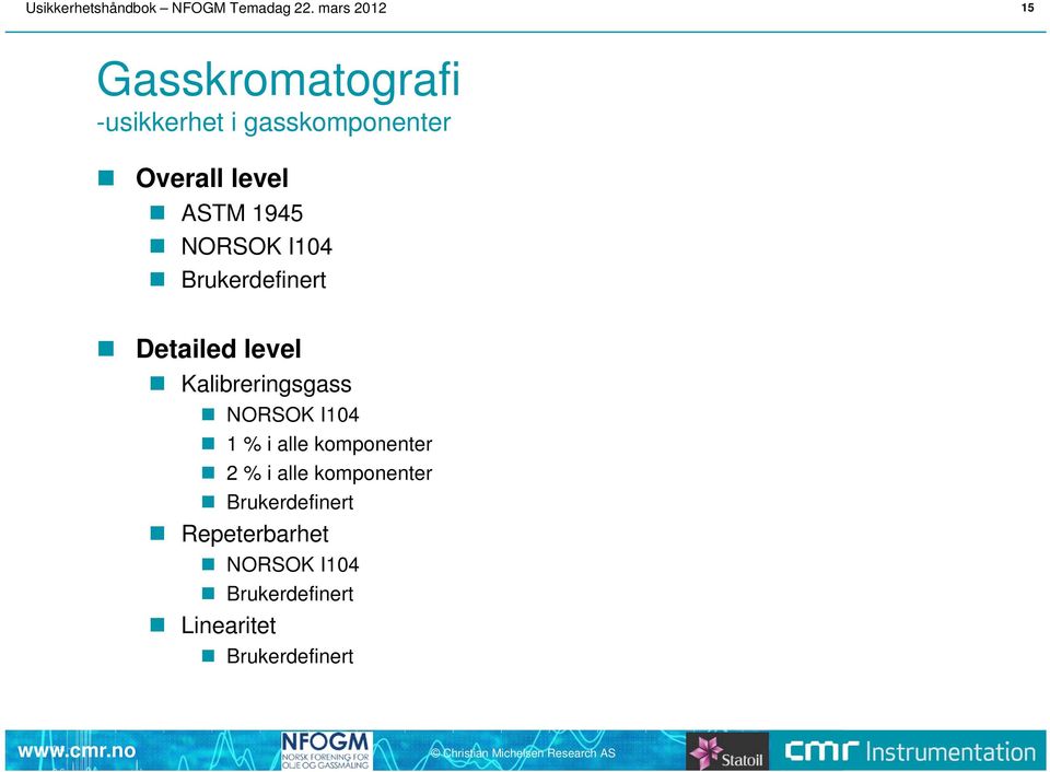 1945 NORSOK I104 Brukerdefinert Detailed level Kalibreringsgass NORSOK I104 1 %