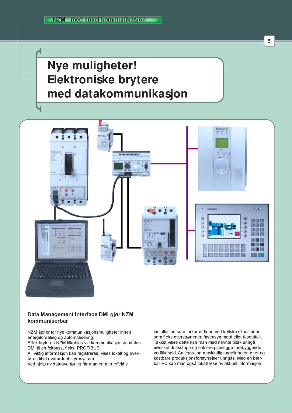 Effektbryteren NZM tilkobles via kommunikasjonsmodulen DMI til en feltbuss, f.eks. PROFIBUS. All viktig informasjon kan registreres, vises lokalt og overføres til et overordnet styresystem.