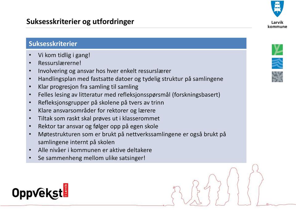 lesing av litteratur med refleksjonsspørsmål (forskningsbasert) Refleksjonsgrupper på skolene på tvers av trinn Klare ansvarsområder for rektorer og lærere Tiltak som