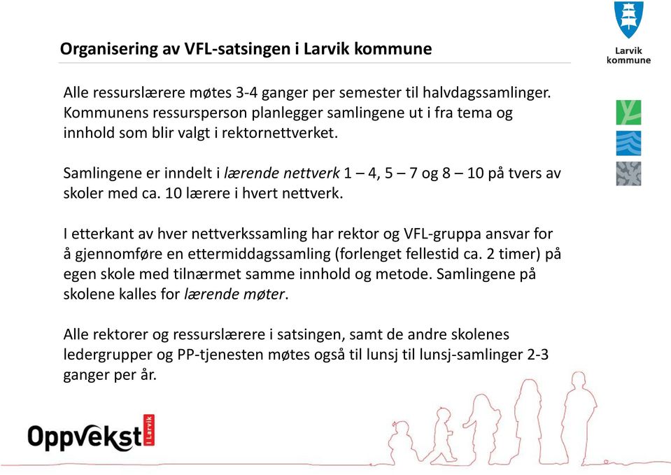 Samlingene er inndelt i lærende nettverk 1 4, 5 7 og 8 10 på tvers av skoler med ca. 10 lærere i hvert nettverk.