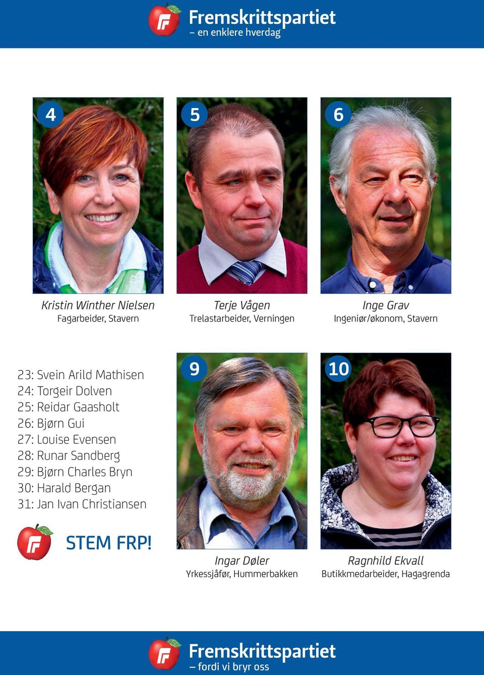 Gui 27: Louise Evensen 28: Runar Sandberg 29: Bjørn Charles Bryn 30: Harald Bergan 31: Jan Ivan