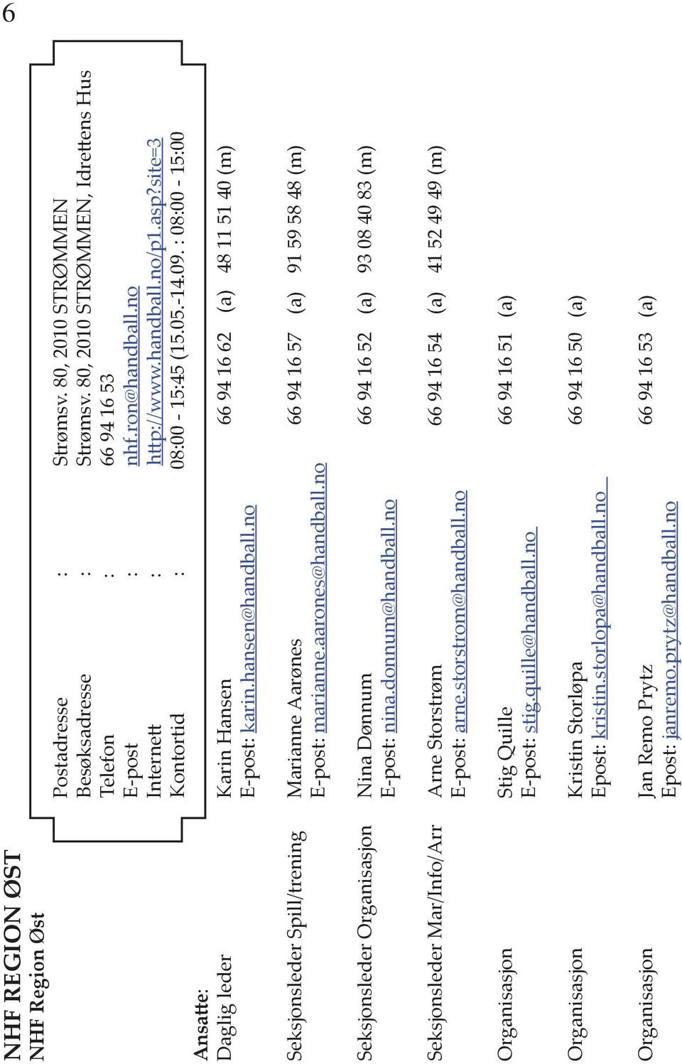 hansen@handball.no Seksjonsleder Spill/trening Marianne Aarønes 66 94 16 57 (a) 91 59 58 48 (m) E-post: marianne.aarones@handball.