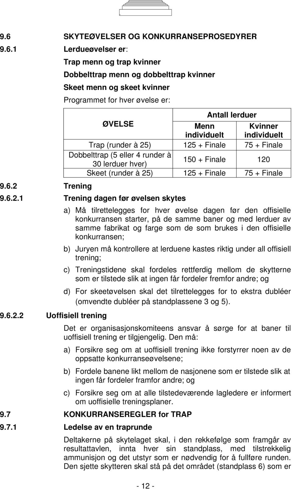 125 + Finale 75 + Finale 9.6.2.1 Trening dagen før øvelsen skytes a) Må tilrettelegges for hver øvelse dagen før den offisielle konkurransen starter, på de samme baner og med lerduer av samme