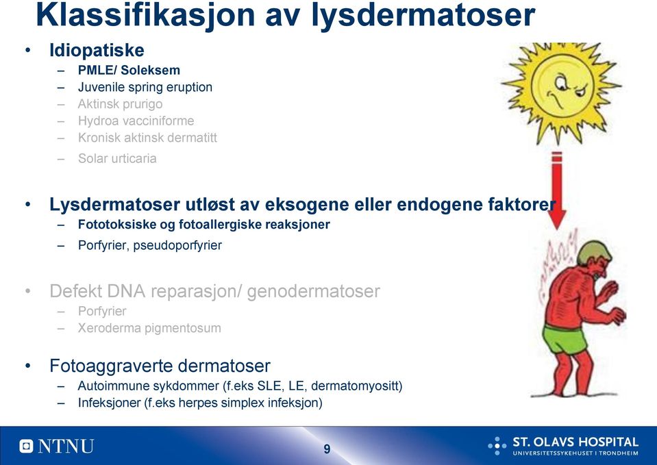 fotoallergiske reaksjoner Porfyrier, pseudoporfyrier Defekt DNA reparasjon/ genodermatoser Porfyrier Xeroderma