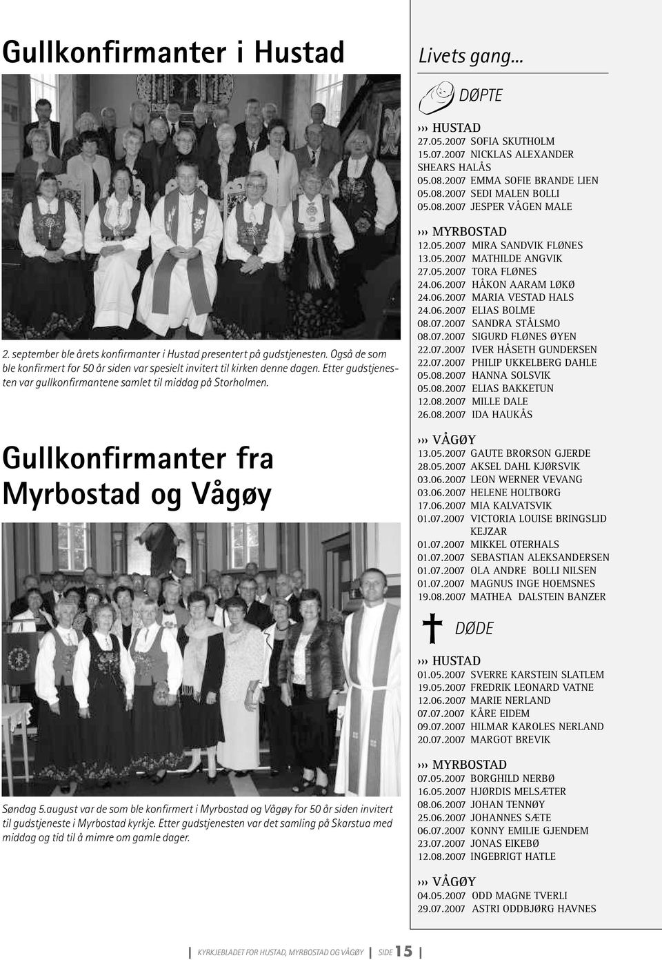 Etter gudstjenesten var gullkonfirmantene samlet til middag på Storholmen. Gullkonfirmanter fra Myrbostad og Vågøy MYRBOSTAD 12.05.2007 MIRA SANDVIK FLØNES 13.05.2007 MATHILDE ANGVIK 27.05.2007 TORA FLØNES 24.