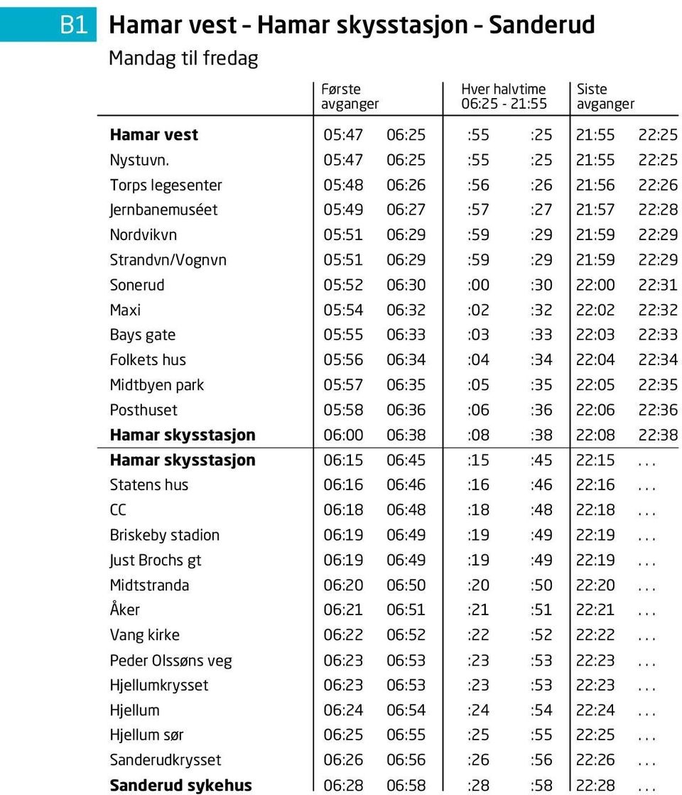 05:47 06:25 :55 :25 21:55 22:25 Torps legesenter 05:48 06:26 :56 :26 21:56 22:26 Jernbanemuséet 05:49 06:27 :57 :27 21:57 22:28 Nordvikvn 05:51 06:29 :59 :29 21:59 22:29 Strandvn/Vognvn 05:51 06:29