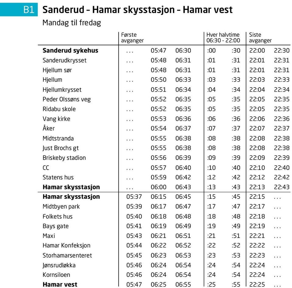 .. 05:51 06:34 :04 :34 22:04 22:34 Peder Olssøns veg... 05:52 06:35 :05 :35 22:05 22:35 Ridabu skole... 05:52 06:35 :05 :35 22:05 22:35 Vang kirke... 05:53 06:36 :06 :36 22:06 22:36 Åker.