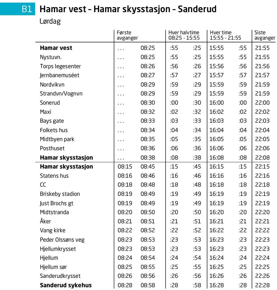 .. 08:29 :59 :29 15:59 :59 21:59 Strandvn/Vognvn... 08:29 :59 :29 15:59 :59 21:59 Sonerud... 08:30 :00 :30 16:00 :00 22:00 Maxi... 08:32 :02 :32 16:02 :02 22:02 Bays gate.