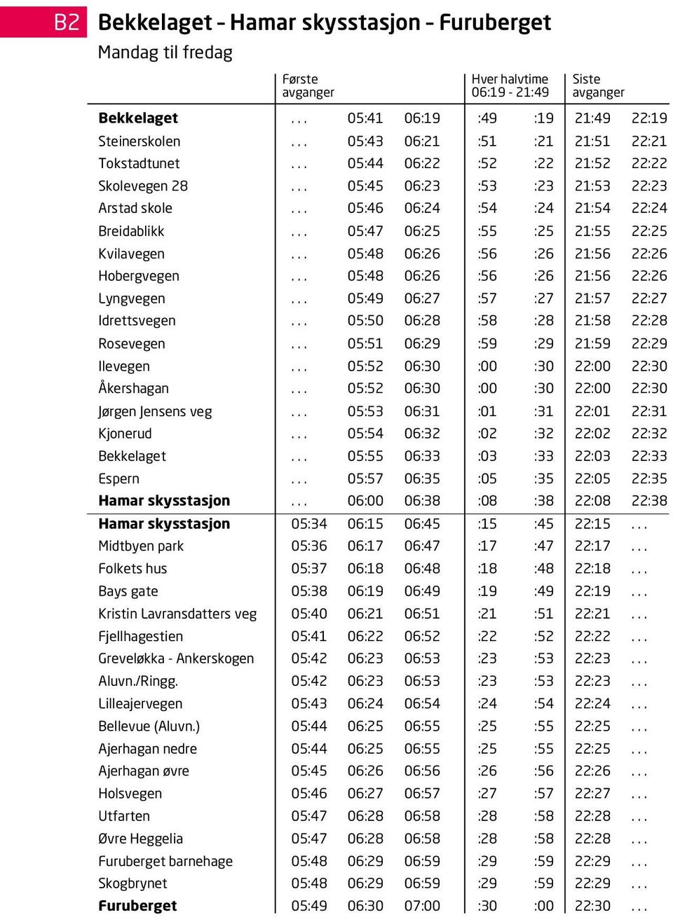 .. 05:46 06:24 :54 :24 21:54 22:24 Breidablikk... 05:47 06:25 :55 :25 21:55 22:25 Kvilavegen... 05:48 06:26 :56 :26 21:56 22:26 Hobergvegen... 05:48 06:26 :56 :26 21:56 22:26 Lyngvegen.