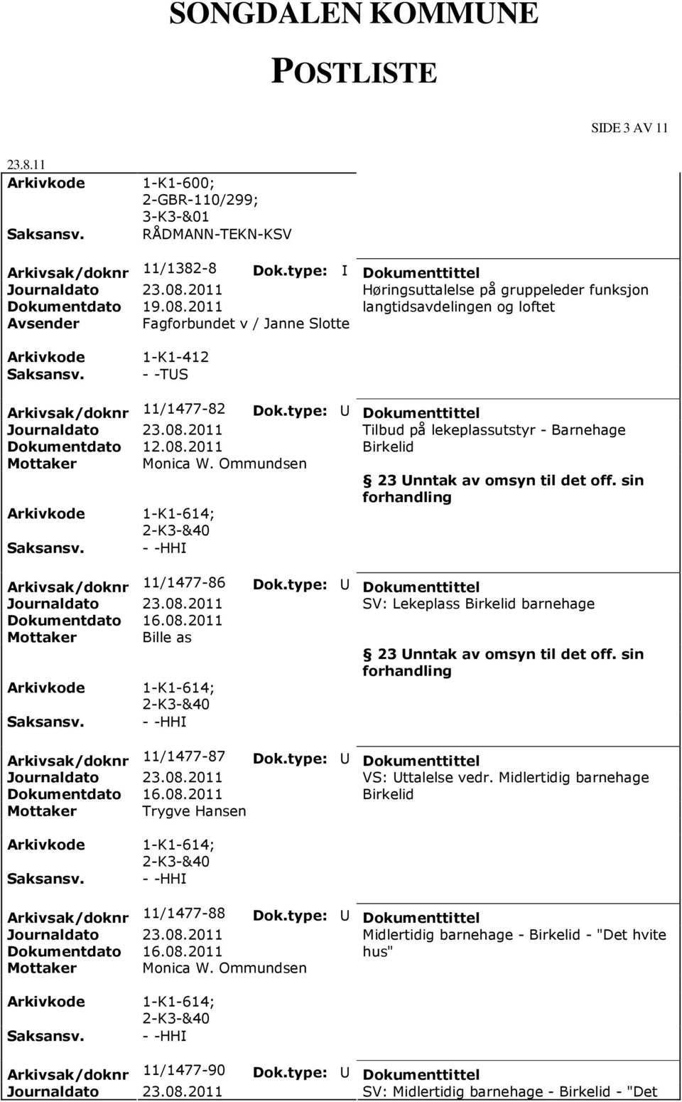 sin forhandling Arkivsak/doknr 11/1477-86 Mottaker Bille as Dok.type: U Dokumenttittel SV: Lekeplass Birkelid barnehage 23 Unntak av omsyn til det off. sin forhandling Arkivsak/doknr 11/1477-87 Dok.