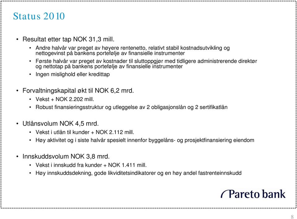 sluttoppgjør med tidligere administrerende direktør og nettotap på bankens portefølje av finansielle instrumenter Ingen mislighold eller kredittap Forvaltningskapital økt til NOK 6,2 mrd.