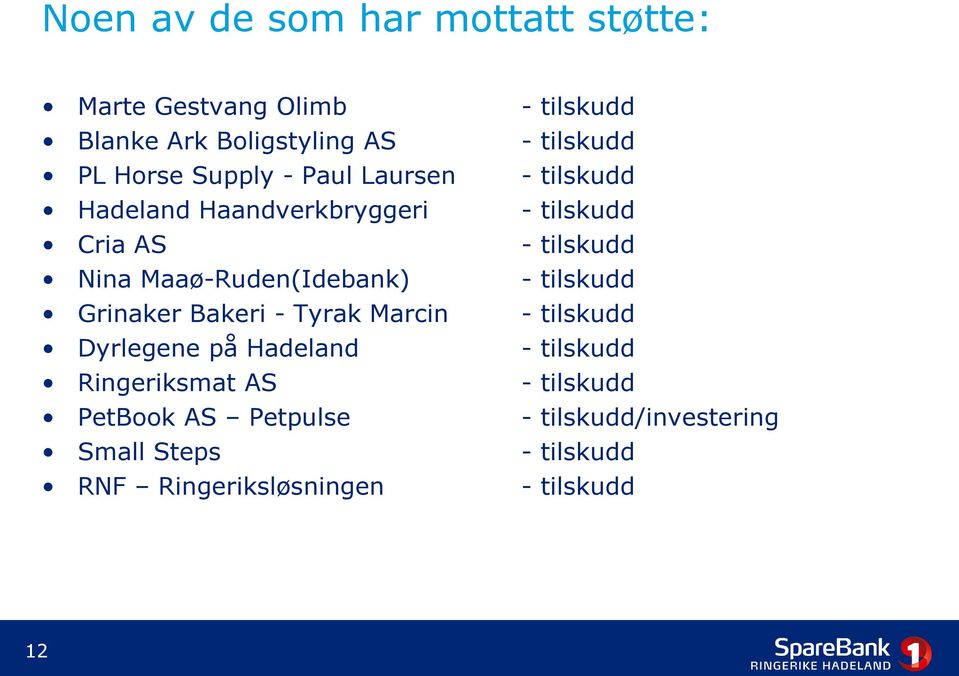 Maaø-Ruden(Idebank) - tilskudd Grinaker Bakeri - Tyrak Marcin - tilskudd Dyrlegene på Hadeland - tilskudd