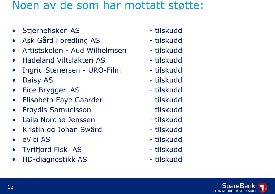 Eice Bryggeri AS - tilskudd Elisabeth Faye Gaarder - tilskudd Frøydis Samuelsson - tilskudd Laila Nordbø Jenssen -